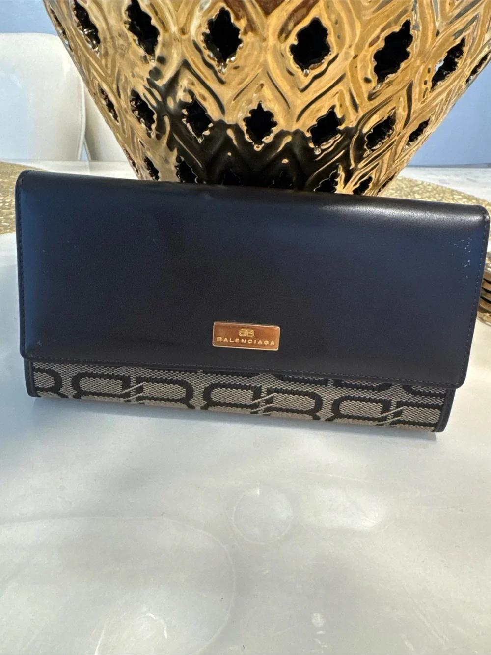 Balenciaga Dark Brown Leather & Beige Logo Continental Wallet BB